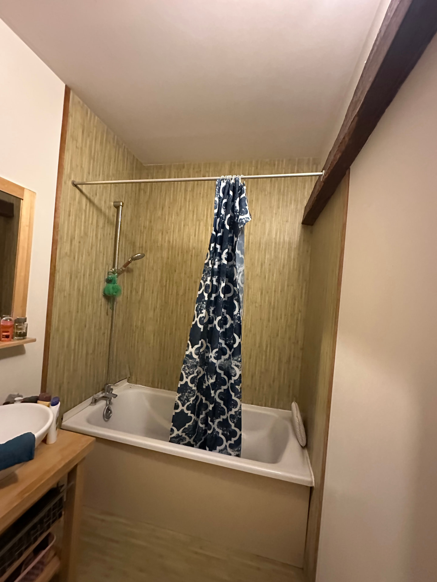 Ancienne salle de bain avec baignoire et rideau de douche